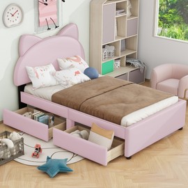 MERITLINE Twin Size Kids Bed with 2 Storage Drawers and Cartoon Ears Shaped Headboard, PU Upholstered Twin Storage Bed for Bedroom, Pink