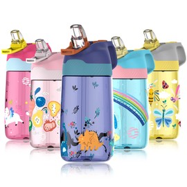 Fjbottle Kids Water Bottle with Straw, BPA Free Leak Proof 450ml Drinking Bottle, Eco Friendly Tritan Sports Water Bottle for Kids, One Click Flip Lid