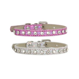 Urieo Rhinestone Cat Collars Silver PU Leather Kitten Collar Bling Classy Pet Collars Adjustable for Puppy Rabbits and Small Dogs (Pack of 2)