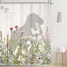 LGhtyro Dinosaur Wildflower Kids Shower Curtain Bathroom Set 71Wx84H Inches Funny Dino Silhouette Floral Rustic Plant Leaves for Boys Bath Accessories Cute Animal Art Home Decor Fabric 12 Pack Hooks