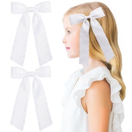 NCMAMA 2PCS Hair Bows for Girls White Hair Ribbon Bowknot Hair Clips Barrettes Hair Accessories for Girl Teens Kids Toddler with Long Tail