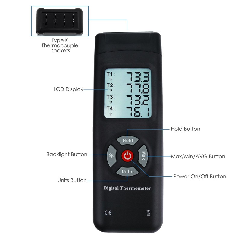 Thermometer 4 Kanäle K-Typ Thermoelement-Sensor-Tester mit K-Typ Metall Probe, Hintergrundbeleuchtung