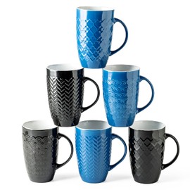 AmorArc Large Coffee Mugs Set of 6, 16oz Ceramic Tall Coffee Mugs Set with Textured Geometric Patterns for Latte/Tea/Beer/Hot Cocoa, Dishwasher & Microwave Safe, Black&Blue