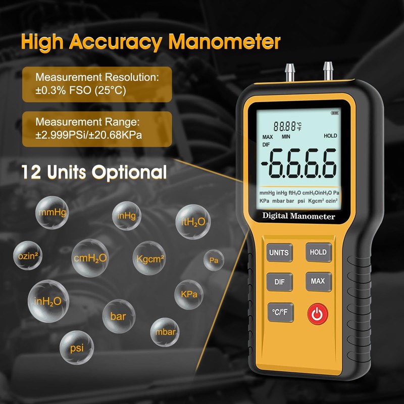 Digital Manometer Gas Pressure Tester with ±0.3% FSO Resolution, Differential