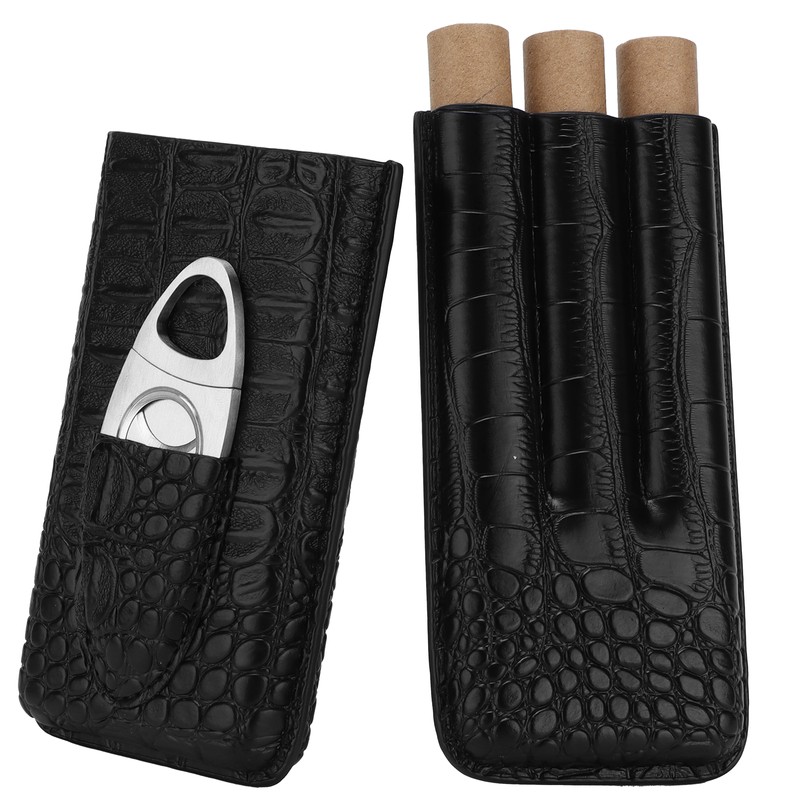 Cigar Case Portable Black Large Capacity PU Leather Caiman Pattern