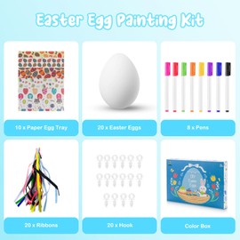 JadeLink Plastic Easter Eggs Painting Children, Pack of 20 Easter Eggs Decoration for Hanging, Colourful Easter Eggs Crafts White with 8 Pens, 20 Hangers, 20 Ribbons and 10 Egg Holders for Outdoor and