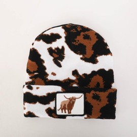 Cowprint Highland Cow Beanie - Color: Black and Brown Embroidered Patch