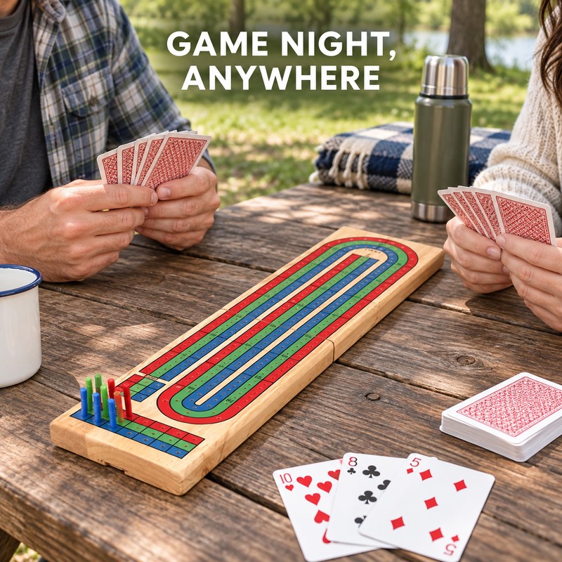 Wooden 3-Track Cribbage Board Game with 9 Pegs, Playing Cards
