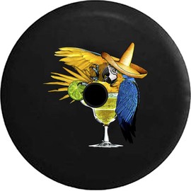 Funny Spare Tire Wheel Cover for Camper SUV Trailer Truck RV JP Thick PVC Leather | Parrot in Margarita Glass Tropical Beach Black 33 Inch with Backup Camera Hole