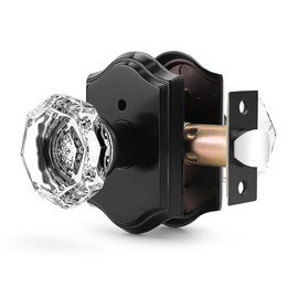 Orger Octagonal Crystal Door Knob 1 Pack, Interior Privacy Door Handle for Bed/Bathroom with Pin Lock Inside, Black Vintage Rosette Door Knob with Heavy Duty Genuine Glass