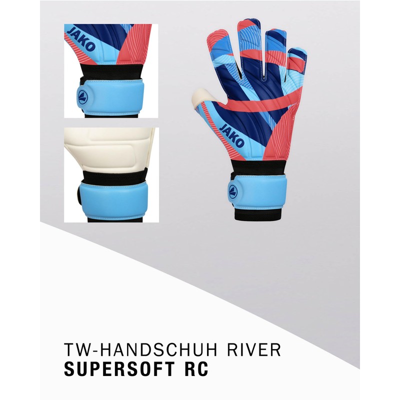 JAKO Unisex Goalkeeper Gloves River Supersoft RC SkyBlue/Coral/Navy, 7.5