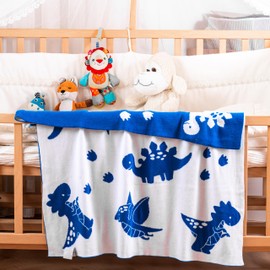EVERSOFT FABRICS Premium Baby Blanket 350g- 100% Organic Cotton, Oeko-Tex 100 Certified, Lightweight & Soft, Ideal for Sensitive Skin, Perfect for Newborns & Toddlers (Dinosaur Blue&White)