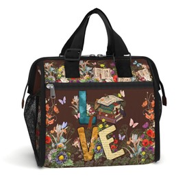 84hoods Insulated Lunch Bag for Women. Gift for Book Lovers and Librarian. Large Lunch Box for Work Office Travel Picnic with Adjustable Strap. Love Books.