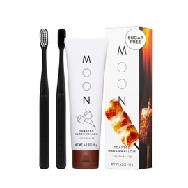 MOON Toothpaste, Toasted Marshmallow Flavor, 4.2 Oz, Plus Soft Bristle Toothbrush 2 Pack, No Fluoride or Sugar, Gentle on Enamel, Gums & Teeth, Whitening Toothpaste for Adults & Children 2 Years+