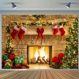 7x5FT Christmas Backdrop Christmas Photo Fireplace Vintage Xmas Tree Stockings Winter Photography Background Family Kids Portrait Photoshoot Christmas Party Decorations Banner Photo Booth Props