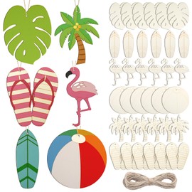 Simgoing 36 Pcs Unfinished Wood Summer Cutouts Hawaiian Wood DIY Paint Crafts Tropical Beach Ball Palm Tree Flip Flop Shaped Hanging Ornaments with Hole Hemp Ropes for Hawaii Luau Party Decors