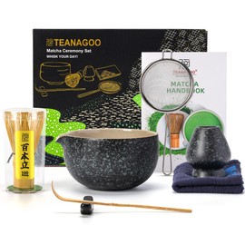 TEANAGOO Matcha Whisk Set Black,7 Pcs Matcha Set,Matcha Kit for Ceremony,Tradition Tea Set for Making Breakfast/Latte,Matcha Whisk Set with Bowl(Chawan)/Whisk and Holder,Gift for Family/Friend