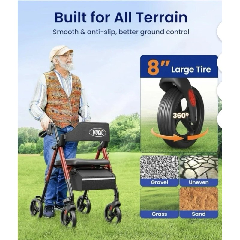 VOCIC Foldable Rollator Walker Seniors Padded Seat Backrest 8" Wheel