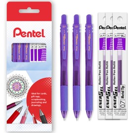 Pentel Energel X BL107 Retractable Gel Rollerball Pens - 0.7mm Nib - Pack of 3 + 3 Refills - in Gift Box - Violet Ink