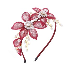 IYOU Flower Wedding Headband Red Pearl Hair Bands Copper Wire Prom Bridal Hair Accessories for Women