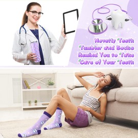 Umigy 2 Pcs Dental Assistant Gifts Dental Hygienist Appreciation Gifts 20 oz Teeth Print Tumbler with Lid and Sock for Women for Recognition Week Appreciation Dentist Graduation Birthday(Purple)