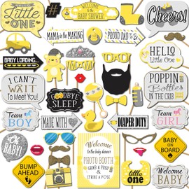 Baby Shower Photo Booth Props - 41-pc Photo Booth Kit with 8 x 10-Inch Sign, 60 Adhesive Pads, 45 Sticks - Baby Shower Decorations - Unisex Gender Neutral