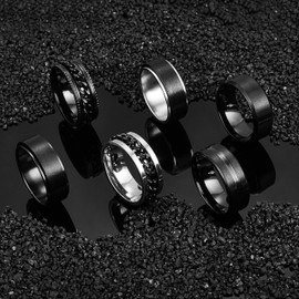 EIELO 6Pcs Stainless Steel Band Rings for Men Women Cool Fidget Spinning Chain Ring Anxiety Relief Fashion Simple Wedding Engagement Black Ring Set Size10