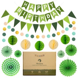 Meowoo Birthday Decoration, Green Birthday Party Decoration - Happy Birthday Garland, Bunting Birthday, Honeycomb Flowers, Paper Fans - Reusable Decoration Birthday for Men and Women