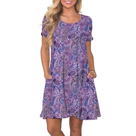 WNEEDU Floral Dress for Women Casual Summer Spring Sundresses Boho Swing T-Shirt Short Sleeves Pocket Floral Purple L