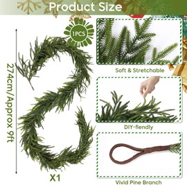 1 PCS Norfolk Pine Garland Christmas Garland, 9FT Cedar Garlands Real Touch Artificial Greenery Garlands Christmas Decorations for Mantle, Table, Wall, Indoor, Outdoor, Holiday