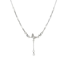 Buyongwant Butterfly Y-Shaped Chain for Women Irregular Y2k Necklace Pearl Pendant Tassel Fashionable Silver Jewelry