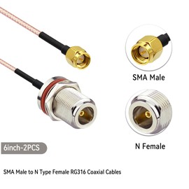 Superbat N Type Female to SMA Male Coaxial Cable 6inch Low Loss RG316 SMA Male to N Type Female Bulkhead Moun Coax Jumper(2Pcs) for 3G/4G/LTE Lora Gateway Hotspot Radio Transmitters ADS-B Receiver