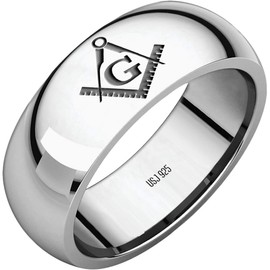 US Jewels Mens 925 Sterling Silver 8mm Half Round Masonic Master Mason Ring Band, Size 9.5