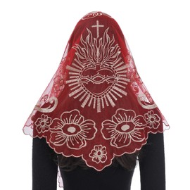 Bozidol Mantilla Triangular Embroidered Sacred Heart Cross Camellia Veil for Catholic Women – Red Gold Color – Ideal for Religious Events and Special Church Ceremonies