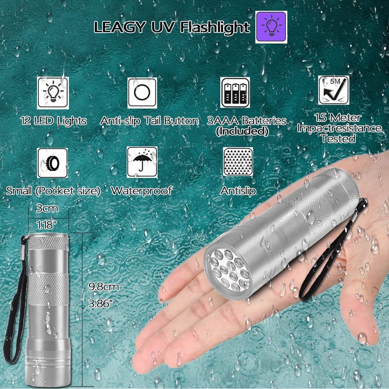 LEAGY 2 Pack 12 LED 395nm Mini UV Flashlights with