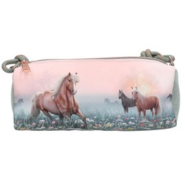Depesche 13404 Miss Melody Romantic Fields Pencil Case in Green and Pink with Horse Motif, Flowers and Glitter, Pencil Case with Drawstring Straps