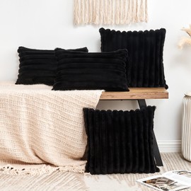 Grineed Throw Pillow Covers Decorative Faux Fur Set of 2 12x20 Inch Pillow Covers, Soft Black Lumbar Plush Striped Pillowcases for Couch Sofa Bed Living Room, Fluffy Cute Home Boho Accent Fuzzy Decor