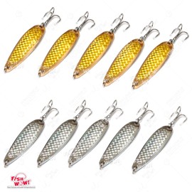 Fish WOW! 10pcs Gold & Silver Set 3oz Fishing Spoon with a Treble Hook