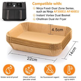 Baking Paper for Hot Air Fryer, Pack of 100, 22 x 14 cm, Rectangular Airfryer Baking Paper for Ninja Foodi Air Fryer, Compatible with Ninja AF300EU AF400EU, Princess, Other Dual Zone Air Fryer