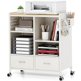 TOOLF 2-Drawer Mobile File Cabinet with Wheels, MDF Wooden Panel Printer Stand with Adjustable Shelves, 2 Storage Bins & 4 Hooks, Home Office Organization, White