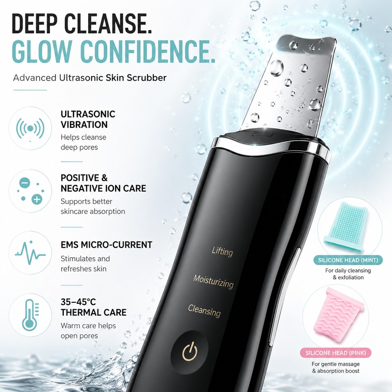 Ultrasonic Skin Scrubber for Face Cleansing – Heated Facial Spatula