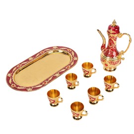 Vintage Coffee Pot Set Retro Metal Pot Tray Set Waterproof Zinc Alloy Wine Pot Kit for Party Gathering Wedding Dinner Gold Red
