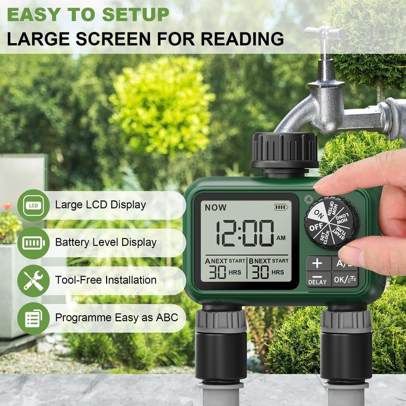 XinFuture Irrigation Computer 2 Outputs, Large LCD Display Watering Timer,