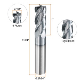 HARFINGTON Carbide Square Nose End Mill Bit 27/64" Cut Dia 4 Flutes TiAlN Coated Milling Cutter for Hardened Steel Metal (27/64" Shank 1" Cut Length 2-3/4" Long 30 Degree Helix HRC53-55)