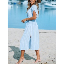 CUPSHE Women Beach Cover Up V Neck Short Sleeve Striped Midi Swimsuit Coverup Dress XS-XXL Light Blue, S