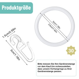 Dacitiery Pack of 30 Curtain Rings, Metal Curtain Rings with 30 Pieces Plastic Curtain Hooks for Window Door Shower Curtain Curtain Hooks for Rails, 30 mm Inner Diameter