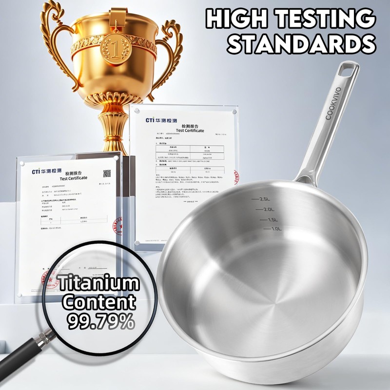 Pure Titanium Pot,2.5qt Saucepan with Lid, Stay-Cool Handle