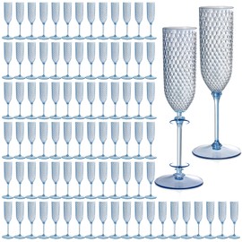 100 Pack Blue Detachable 2 piece Champagne Flutes 5.5 Oz Unbreakable Plastic Mimosa Disposable Champagne Glasses Drinking Cups Stemmed Reusable Wine Toasting Glasses for Wedding(100, Dusty Blue)