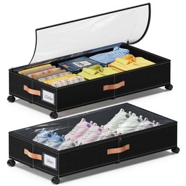 DGFCK Under Bed Storage with Wheels, 2-Pack Under Bed Storage Containers with Clear Lids, XXL 65L Under the bed storage Organizer Bins, Rolling Under Bed Metal Drawer for Clothes,Shoes,Toys (Black)