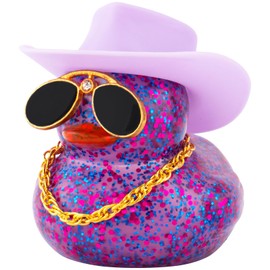 wonuu Car Dashboard Decorations Cowboy Hat Rubber Ducks, Colorful Duck for Car Ornament Accessories with Hat, Glasses, Necklace (Glitter Dark Purple)